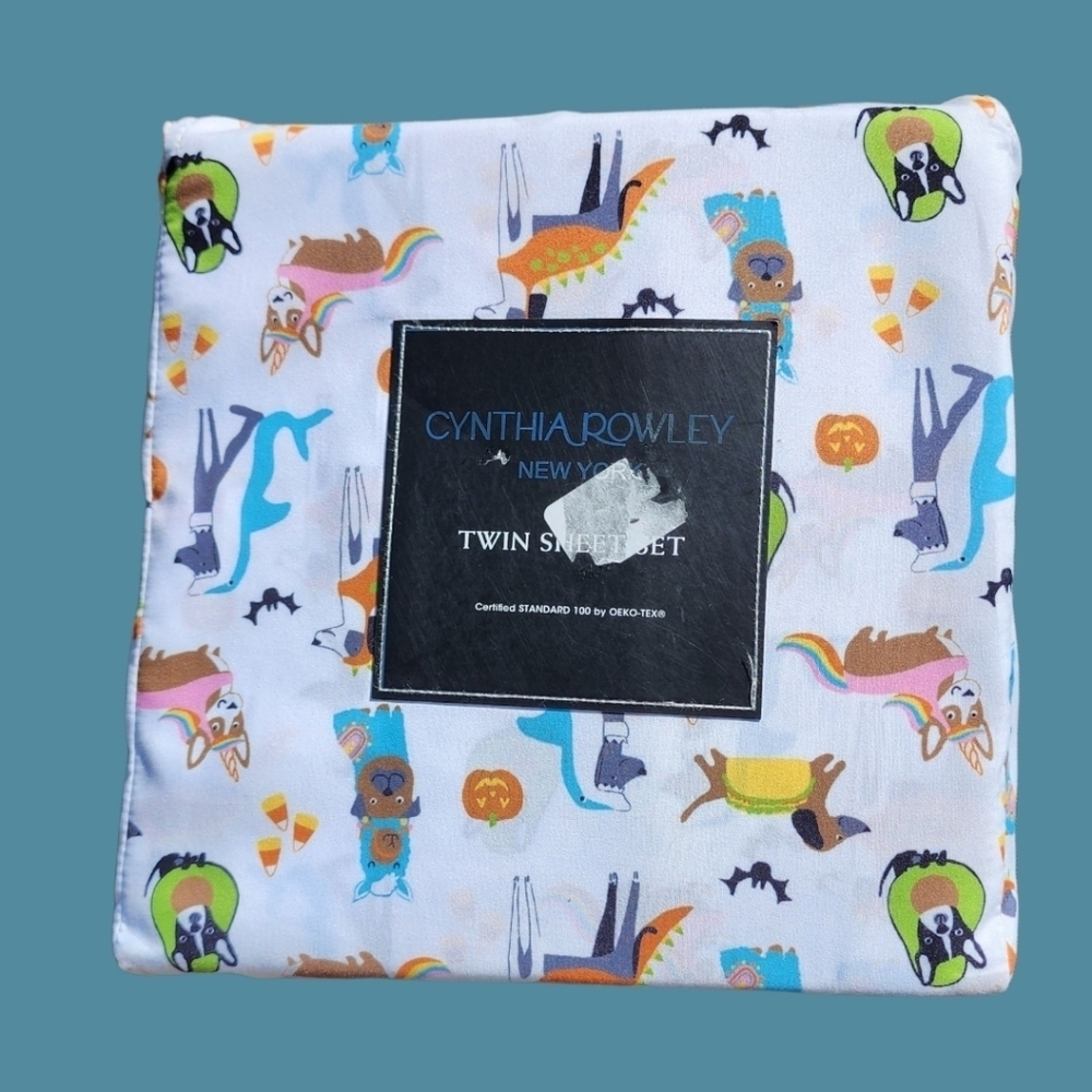 CYNTHIA ROWLEY Dogs in Halloween Costumes Twin Sheet Set, NWT